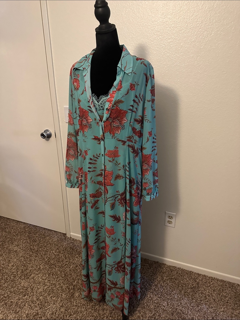 Soft Surroundings Teal and Rust Floral Lace-Trim Slip